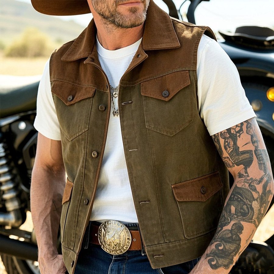 

Men's Vintage Rustic Western Cargo Vest With Brown Accents