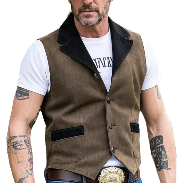 Men's Vintage Western Suede Vest With Black Trim And Button Closure Brown - Wayrates.com 