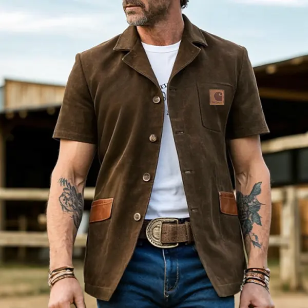 Men's Western Casual Short-Sleeve Work Jacket With Leather Patches - Wayrates.com 
