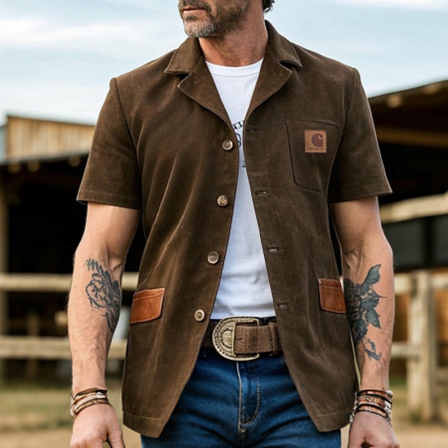 

Men's Western Casual Short-Sleeve Work Jacket With Leather Patches