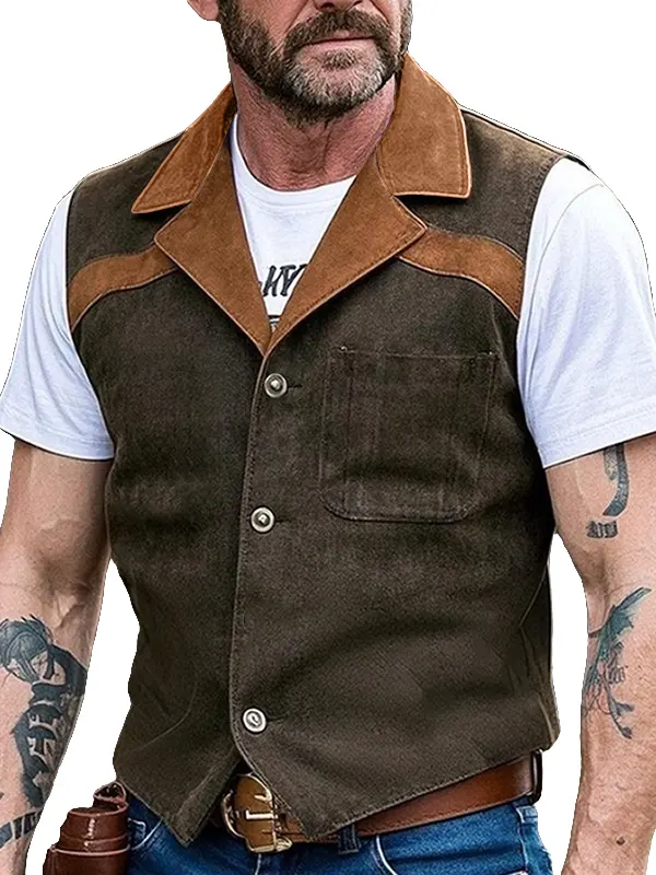 Men's Vintage Western Style Vest With Brown Suede Patch Accents - Pragmaace.com 