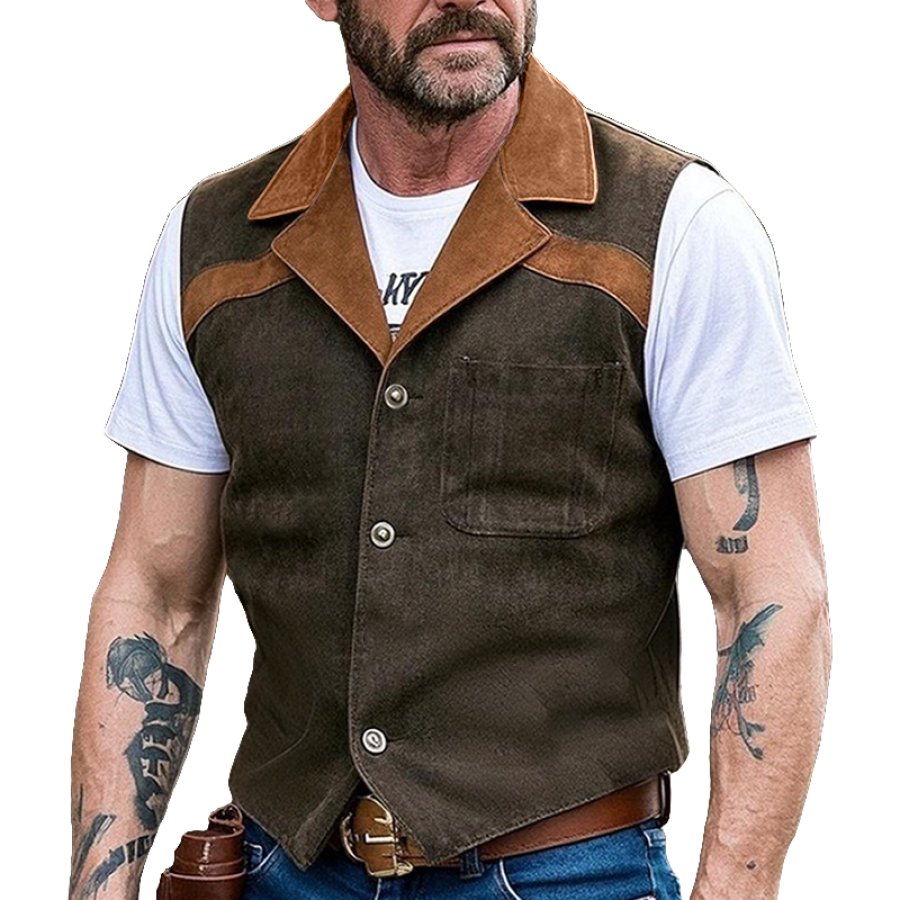 

Men's Vintage Western Style Vest With Brown Suede Patch Accents