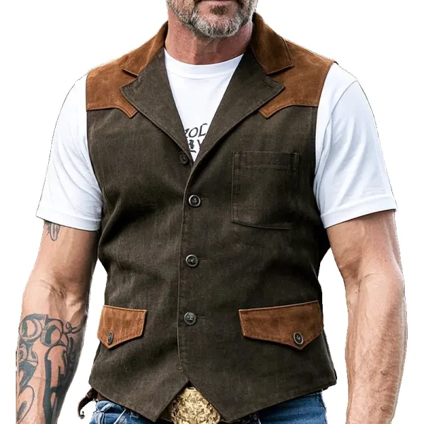 Men's Vintage Suede Vest With Contrast Patches Olive Green - Menzfolk.com 