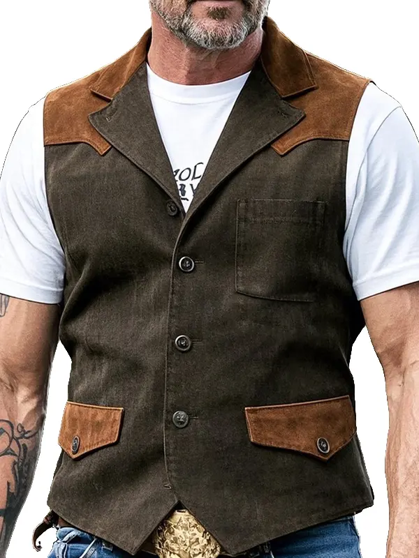 Men's Vintage Suede Vest With Contrast Patches Olive Green - Menwyx.com 