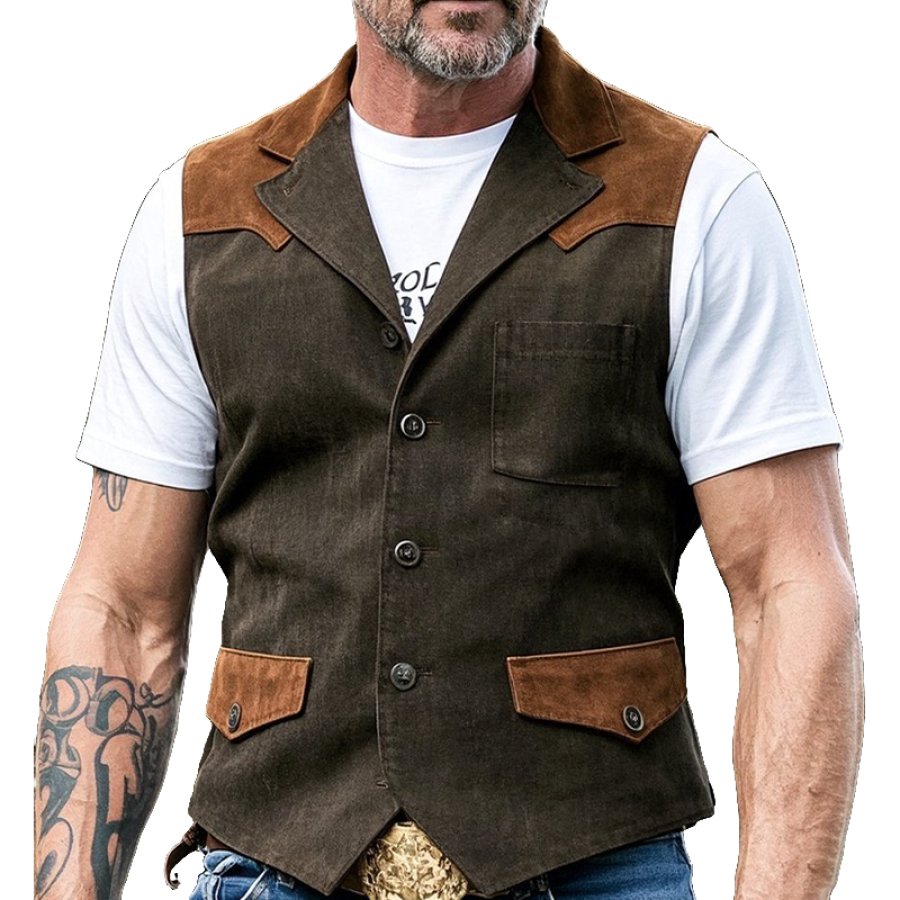 Men's Vintage Suede Vest With Contrast Patches Olive Green