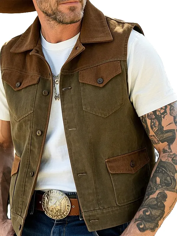 Men's Vintage Rustic Western Cargo Vest With Brown Accents - Menwyx.com 