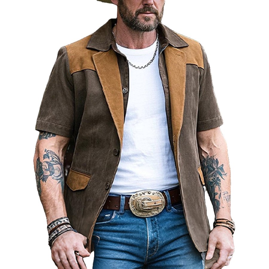 Men's Vintage Casual Suede Western Style Short Sleeve Jacket With Brown Splicing Pocket