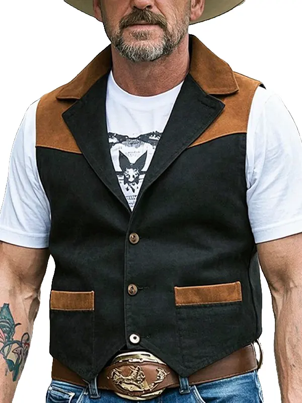 Men's Vintage Western Cargo Vest With Brown Suede Accents - Pragmaace.com 