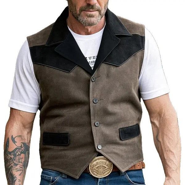 Men's Vintage Western Style Suede Patch Vest With Black Trim Brown - Menzfolk.com 