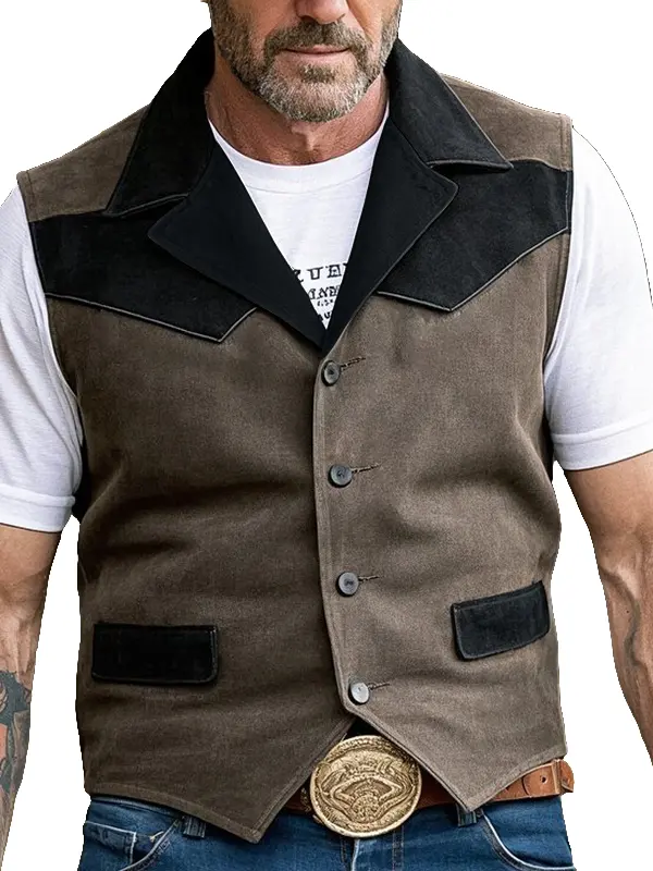 Men's Vintage Western Style Suede Patch Vest With Black Trim Brown - Menwyx.com 