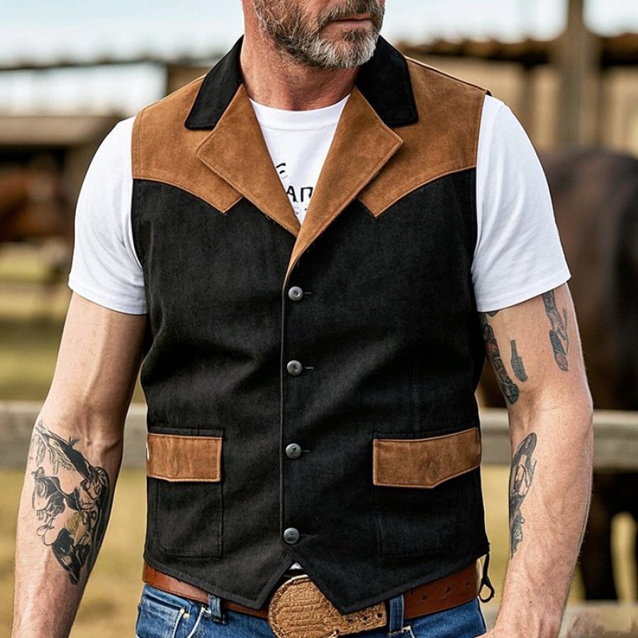 Men's Vintage Classic Western Style Pocket Cargo Vest With Brown Suede Accents