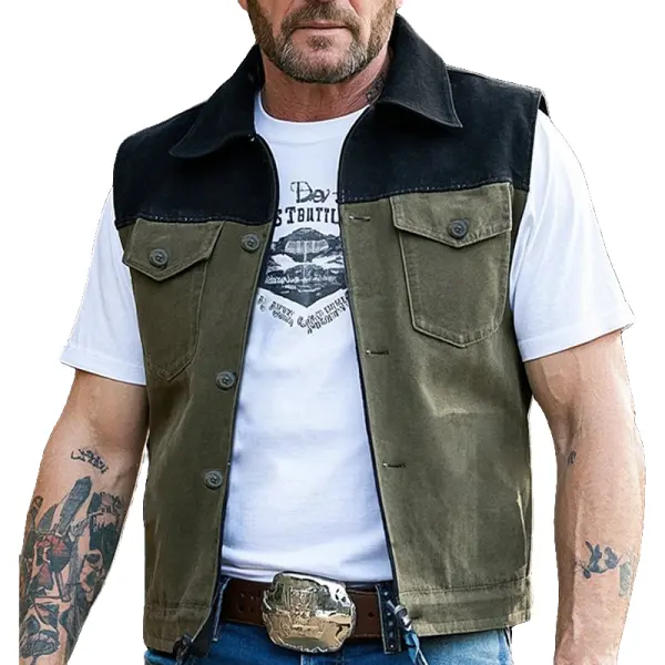 Men's Vintage Rugged Style Suede Vest With Black Collar Military Green - Wayrates.com 