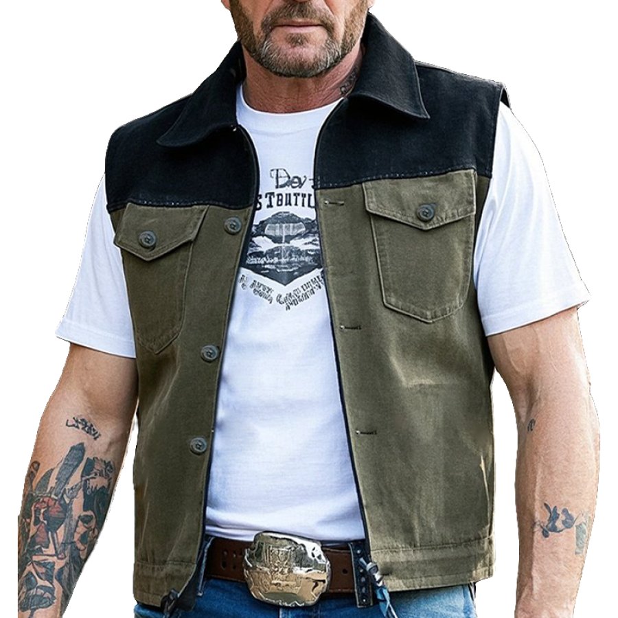 

Men's Vintage Rugged Style Suede Vest With Black Collar Military Green