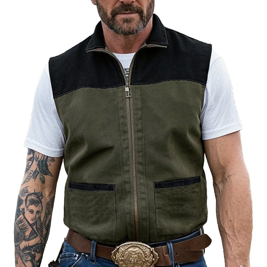 

Men's Vintage Pocket Patchwork Vest With Zipper Closure