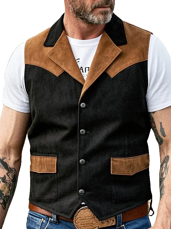 Men's Vintage Classic Western Style Pocket Cargo Vest With Brown Suede Accents - Menbarn.com 