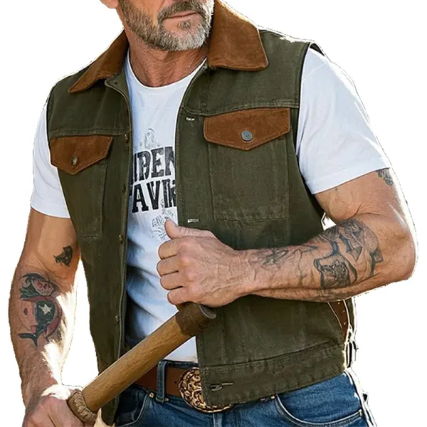 Men's Vintage Western Rugged Style Vest With Brown Pocket Olive Green - Wayrates.com 