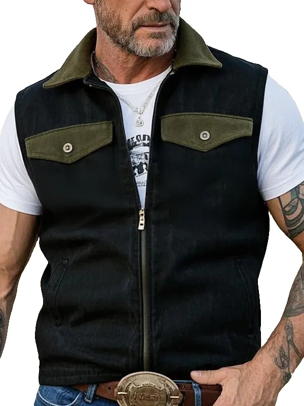 Men's Vintage Classic Vest With Olive Green Accents - Menwyx.com 