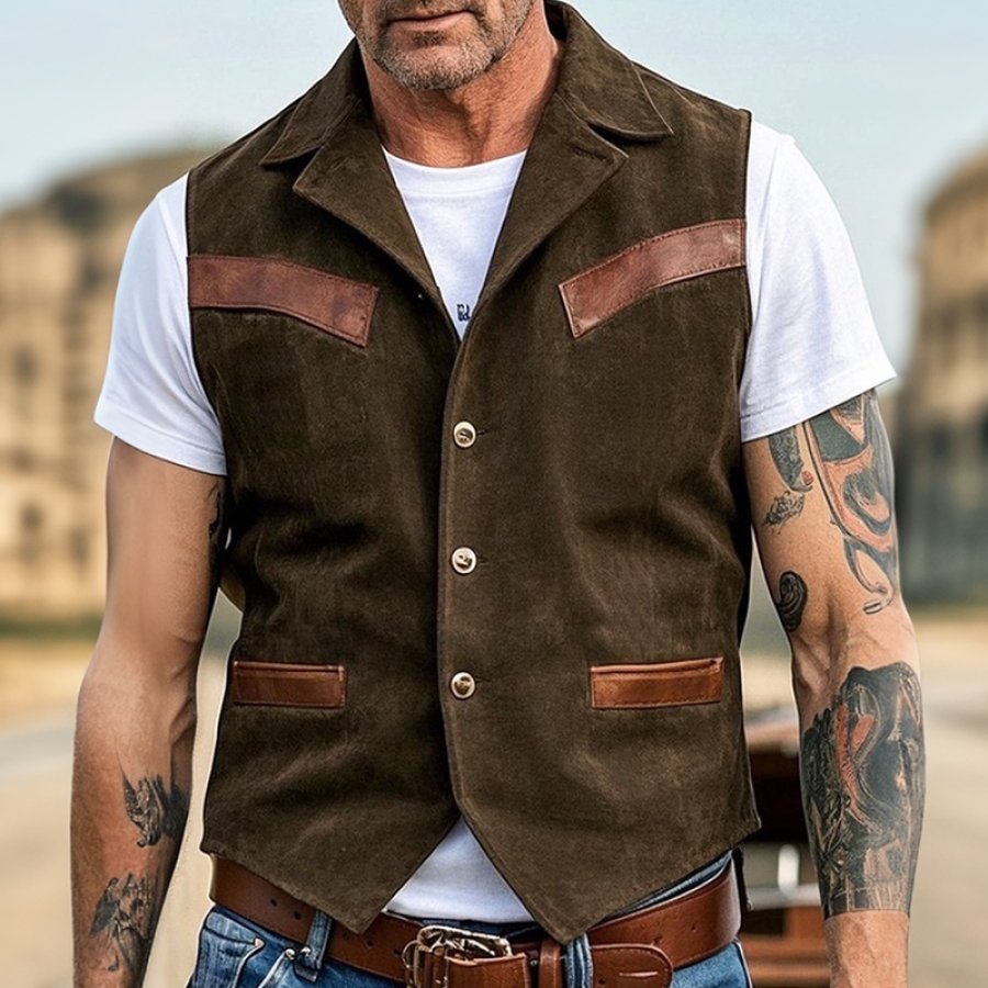 Men's Vintage Western Suede Vest With Leather Patches For Casual Wear