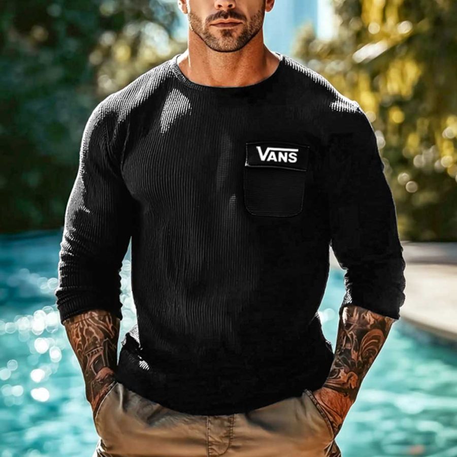 

Men's Vintage Black Waffle Knit Surf Pocket Long Sleeve Crew Neck T-Shirt