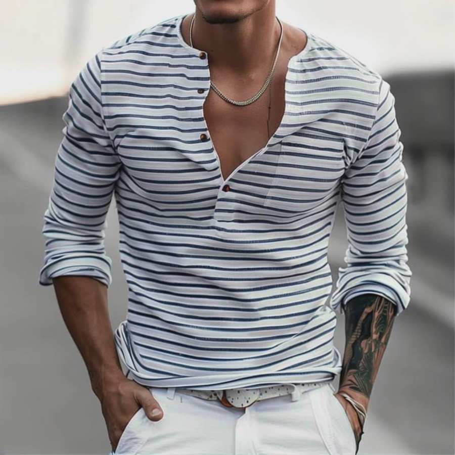 

Men's Striped Henley Collar Long Sleeve Casual T-shirt