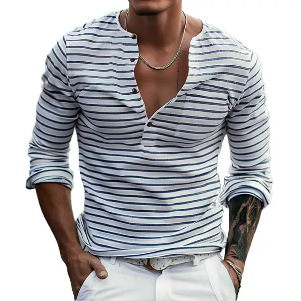Men's Striped Henley Collar Long Sleeve Casual T-shirt - Menzfolk.com 