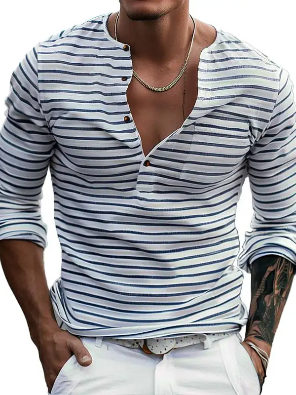 Men's Striped Henley Collar Long Sleeve Casual T-shirt - Menwyx.com 