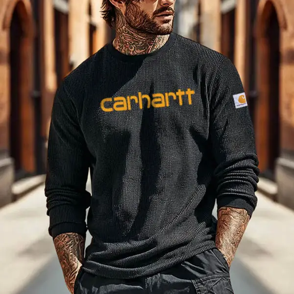 Men's Vintage Waffle Knit Surf Black Long Sleeve Sleeve Crew Neck T-Shirt - Wayrates.com 