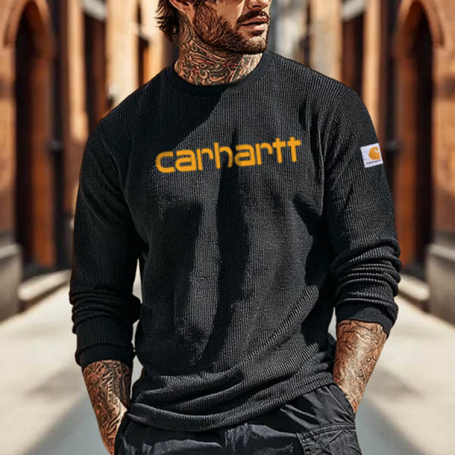 

Men's Vintage Waffle Knit Surf Black Long Sleeve Sleeve Crew Neck T-Shirt