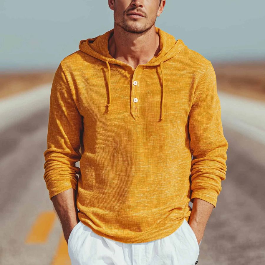 Men's Vintage Outdoor Yellow Button Hooded Long Sleeve T-Shirt