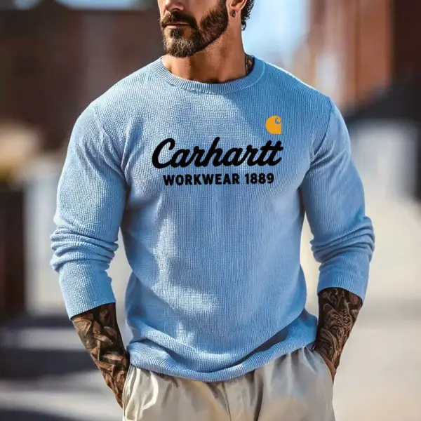 Men's Vintage Waffle Knit Surf Light Blue Long Sleeve Sleeve Crew Neck T-Shirt - Wayrates.com 