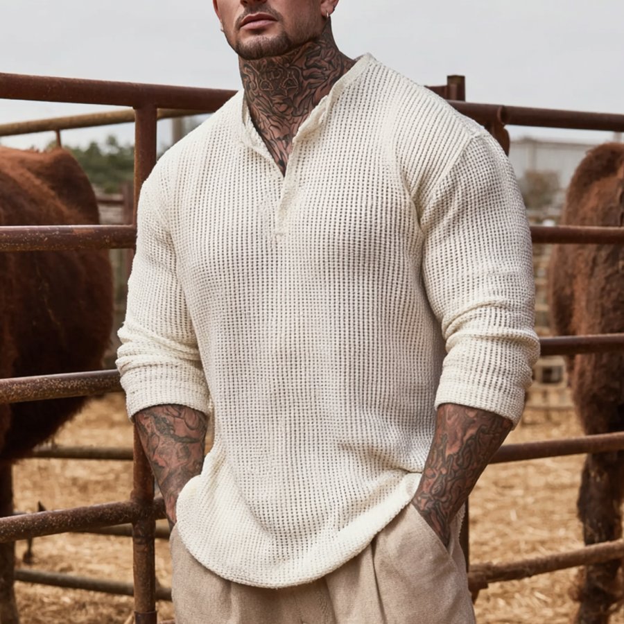

Men's Vintage Casual Waffle Henley Top In Cream For A Relaxed Look