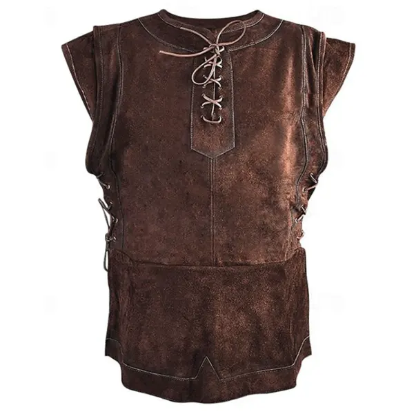 Men's Vintage Brown Leather-Like Sleeveless Vest With Lace-Up Details - Menzfolk.com 