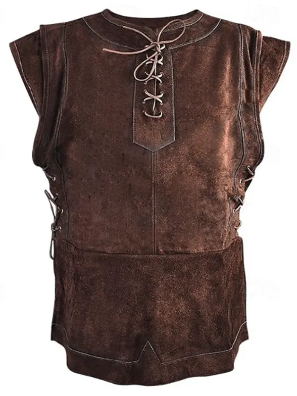 Men's Vintage Brown Leather-Like Sleeveless Vest With Lace-Up Details - Menwyx.com 