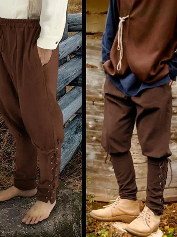 Men's Vintage Brown Medieval-Style Lace-Up Trousers - Pragmaace.com 