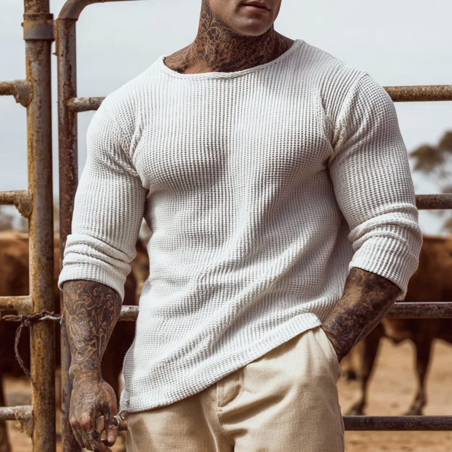 

Men's Vintage Rustic Elegance: White Waffle Top With Tattooed Style
