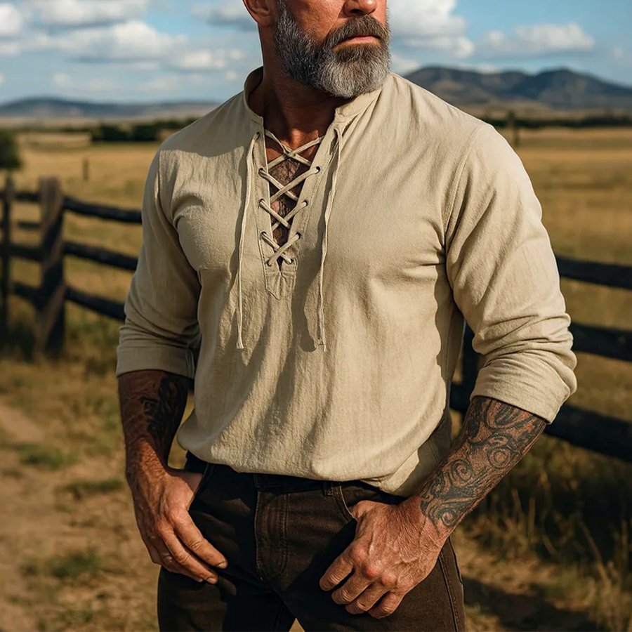 

Men's Vintage Rustic Charm: Beige Lace-Up Shirt In The Countryside