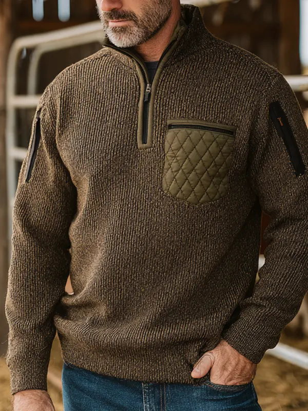 Men's Vintage Rustic Brown Quilted Pocket Sweatshirt For Casual Farmwear - Wantbright.com 