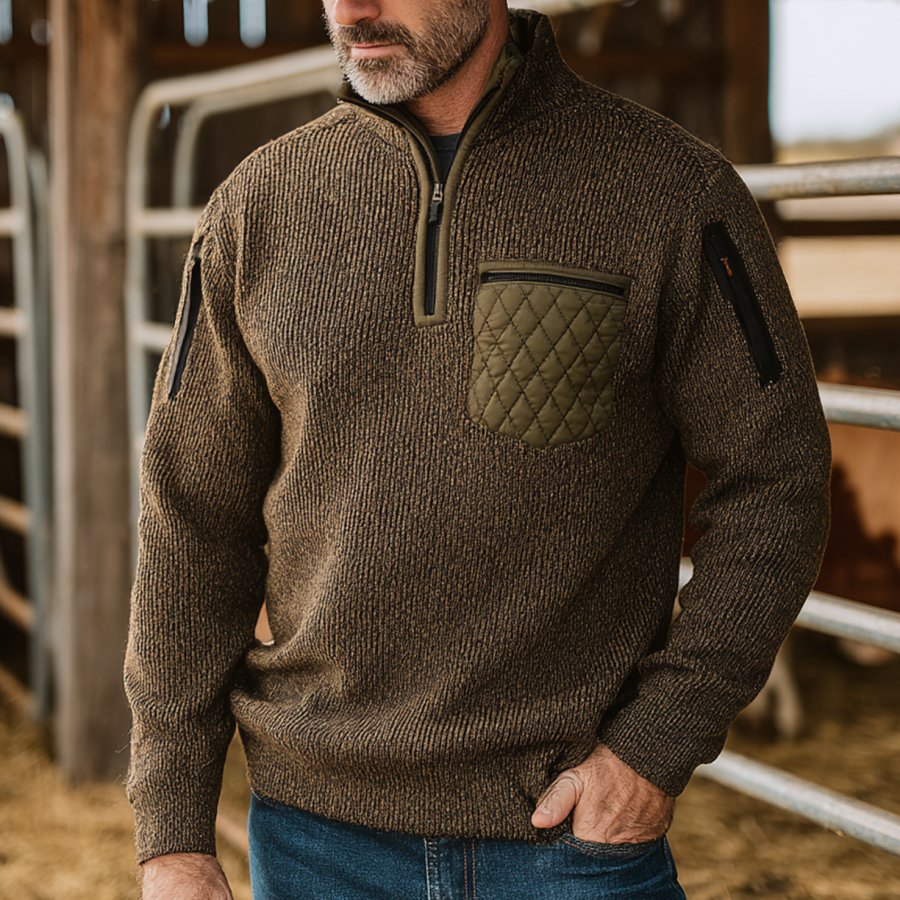 

Men's Vintage Rustic Brown Quilted Pocket Sweatshirt For Casual Farmwear