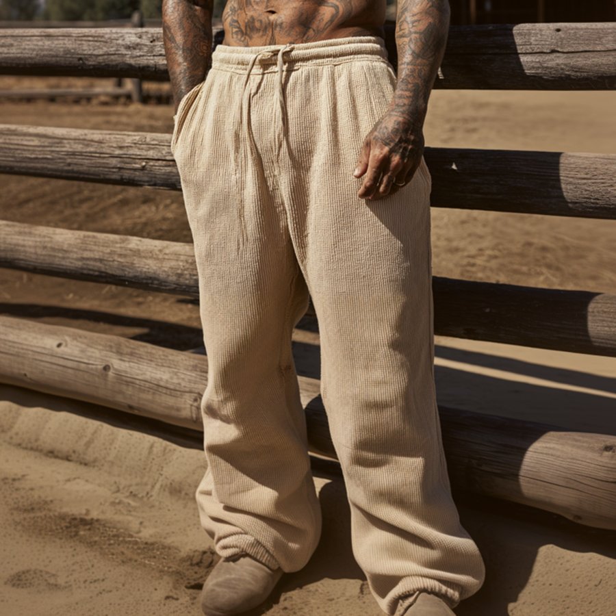 

Men's Vintage Casual Beige Waffle Sweatpants For All Seasons