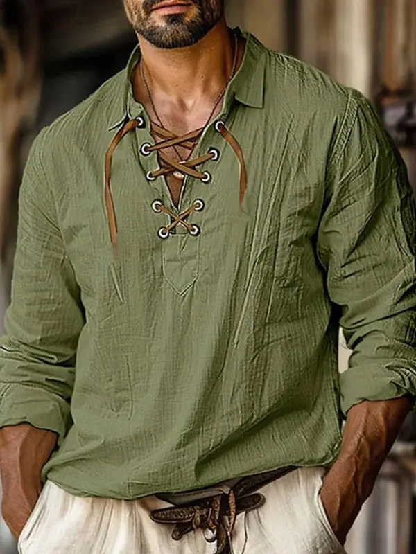 Men's Vintage Military Green Lace-Up Casual Shirt - Wantbright.com 