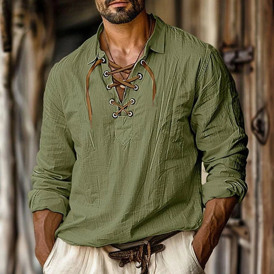 Men's Vintage Military Green Lace-Up Casual Shirt