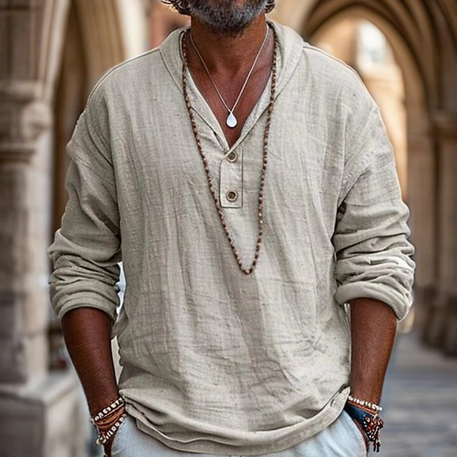 Men's Vintage Casual Linen Henley Shirt For Men