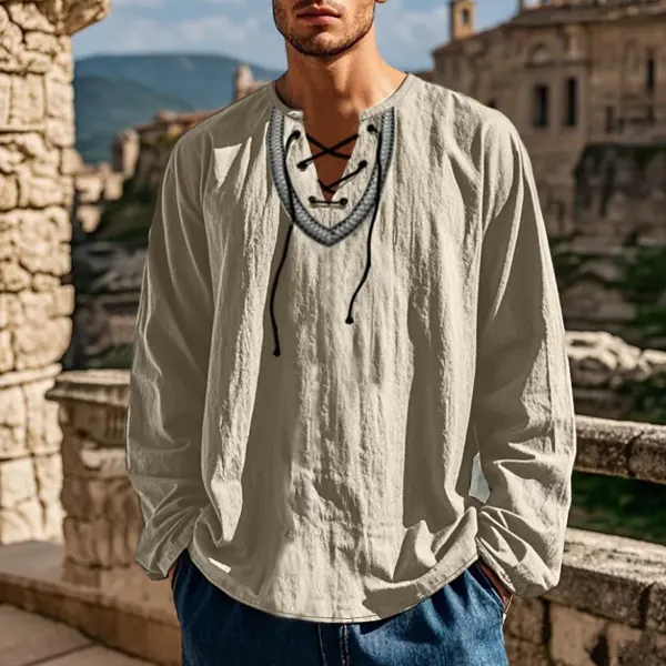 Men's Vintage-inspired Loose Fit Linen Blouse With Lace-up Detail - Wayrates.com 