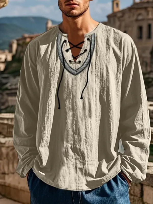 Men's Vintage-inspired Loose Fit Linen Blouse With Lace-up Detail - Pragmaace.com 