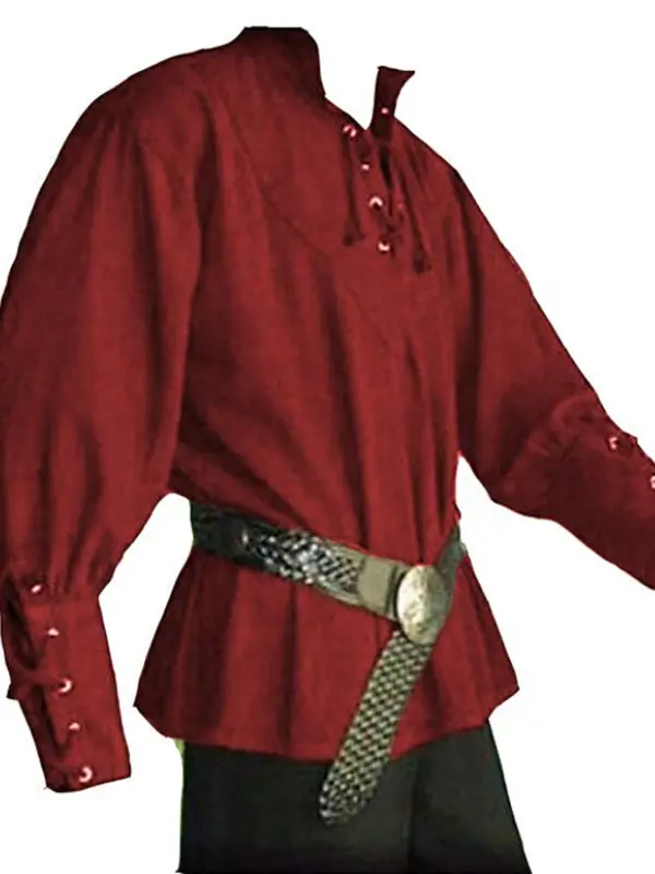 Men's Vintage Medieval Red Shirt With Lace-Up Front And Wide Belt - Wantbright.com 
