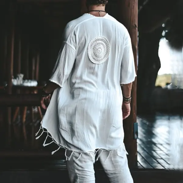 Men's Vintage Bohemian White Linen Kimono With Crochet Detail - Upgradecool.com 