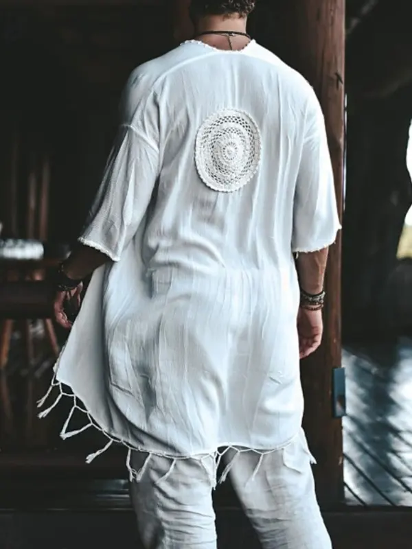 Men's Vintage Bohemian White Linen Kimono With Crochet Detail - Pragmaace.com 