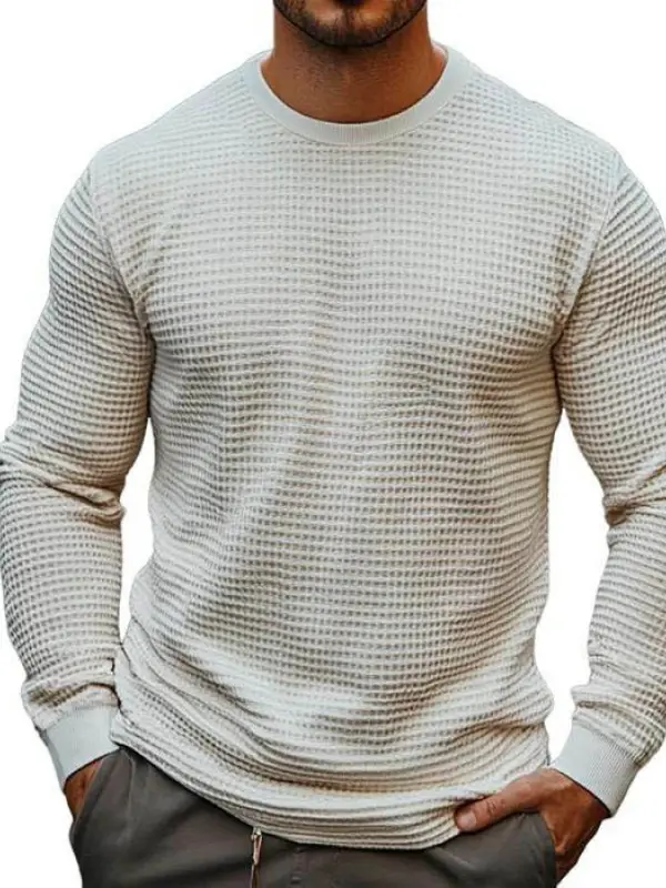 Men's Vintage Waffle Knit Beige Crew Neck Long Sleeve T-Shirt - Menbarn.com 