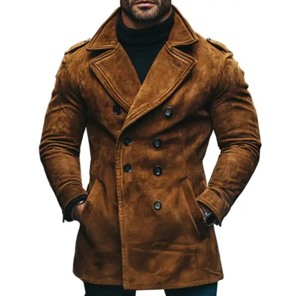 Men's Vintage Outdoor Brown Suede Double-Breasted Lapel Pea Coat - Rabclub.com 