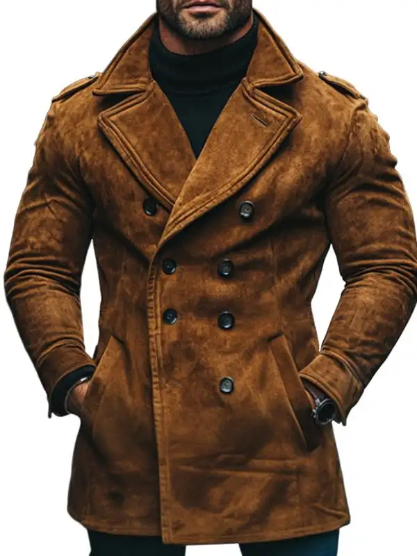 Men's Vintage Outdoor Brown Suede Double-Breasted Lapel Pea Coat - Pragmaace.com 